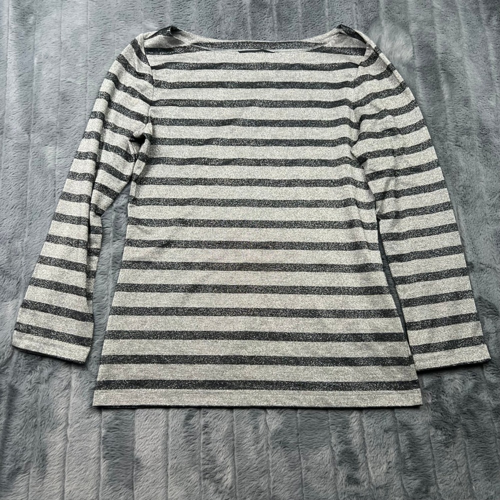 Banana Republic Metallic Silver Black Striped Boat Neck Long Sleeve Top Small